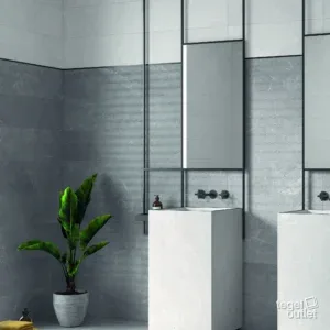 Carreaux de sol Argenta Storm Grey 60×60 avec carreaux muraux Storm Wall Grey et Storm Block Grey 25×75 dans une salle de bains