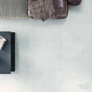 Argenta Storm White vloertegels 90×90 in een slaapkamer, van bovenaf