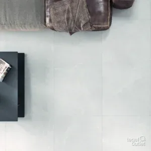 Carreaux de sol Argenta Storm White 90×90 dans une chambre, vus d'en haut