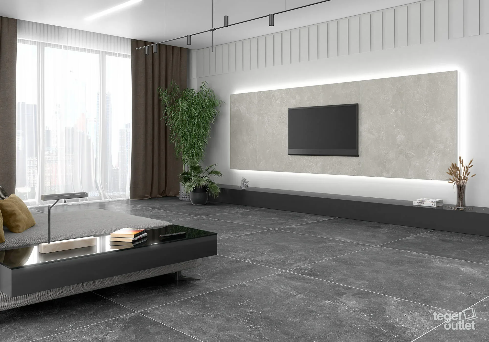 Carreaux de sol gris foncé Navarti Street dans un salon