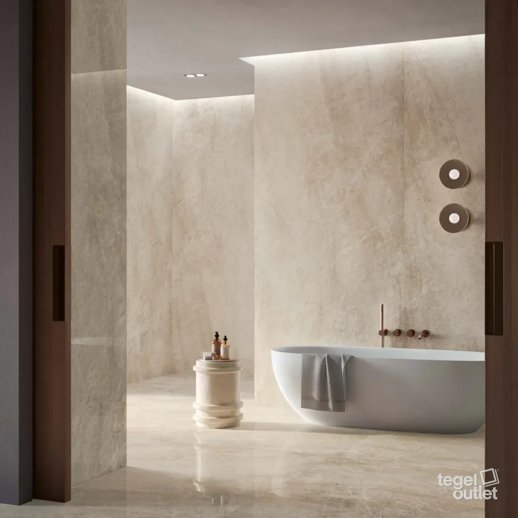 Salle de bains avec baignoire îlot et dalles à l'effet marbre beige Energieker Taj Mahal Amber aux murs et au sol