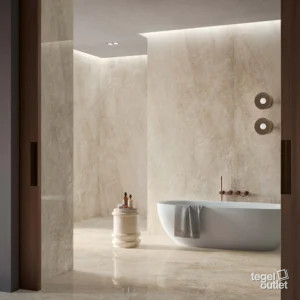 Energieker Taj Mahal Amber marmerlook platen 120×280 in een badkamer