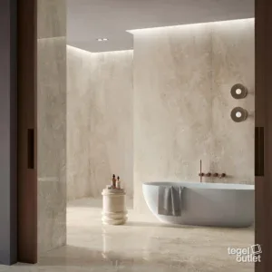 Dalles effet marbre Energieker Taj Mahal Amber 120×280 dans une salle de bains