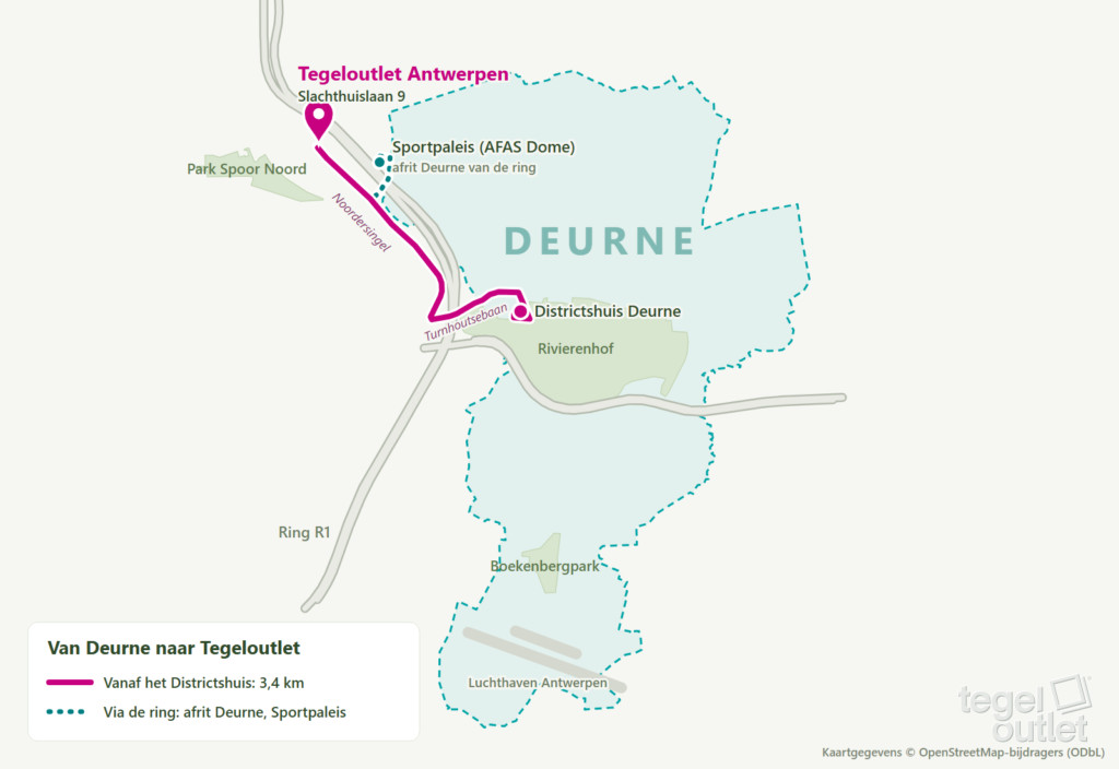 Kaart met de route van het Districtshuis van Deurne en van de afrit Deurne aan het Sportpaleis naar Tegeloutlet Antwerpen aan de Slachthuislaan 9