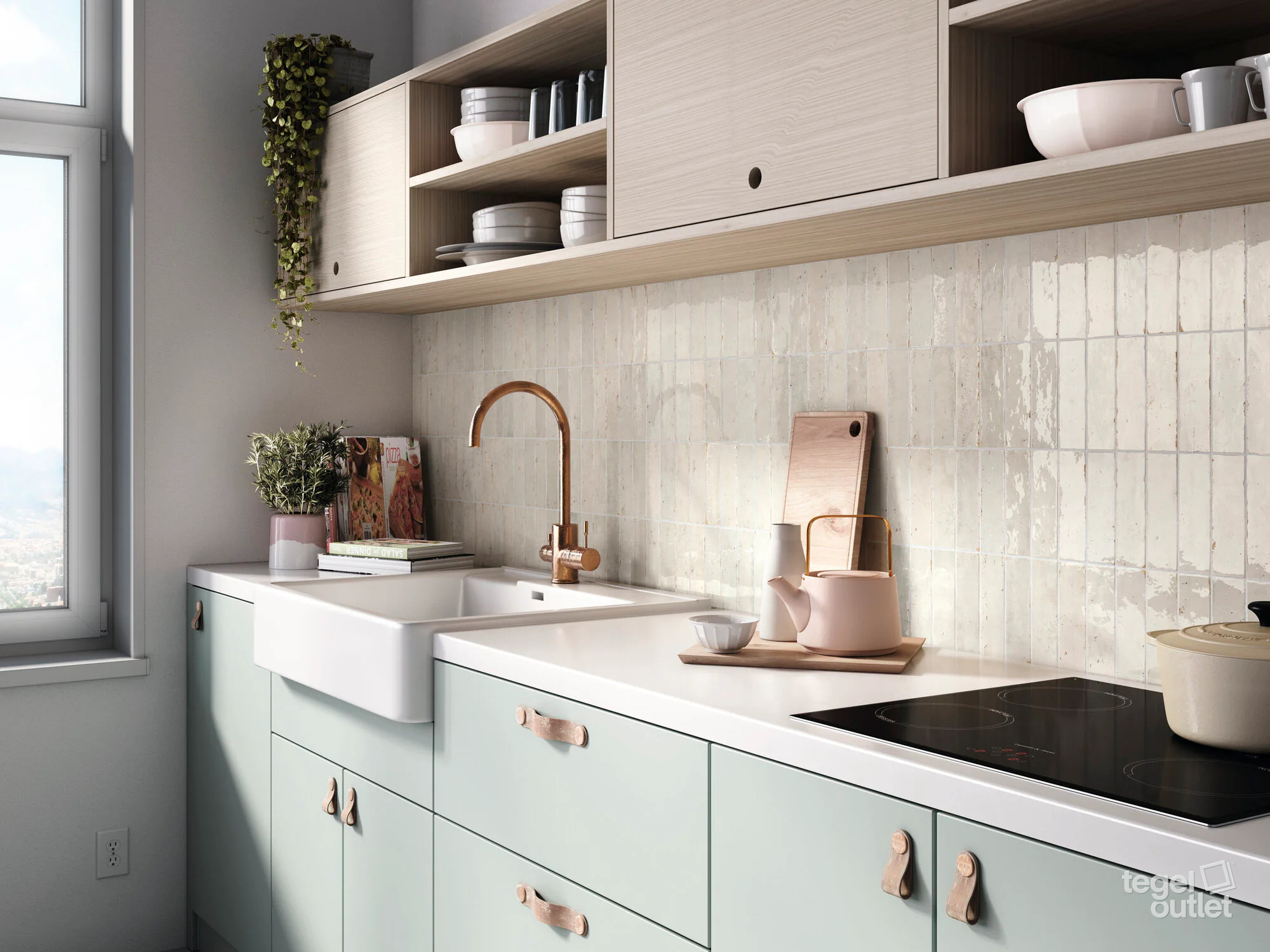 Ape Tennessee White 5,2×16,1 wandtegels als spatwand in een keuken
