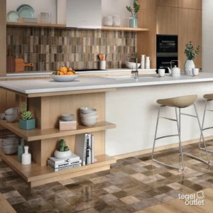 Ape Tennessee Brown 13,8×13,8 vloer en 5,2×16,1 wandtegels in een keuken