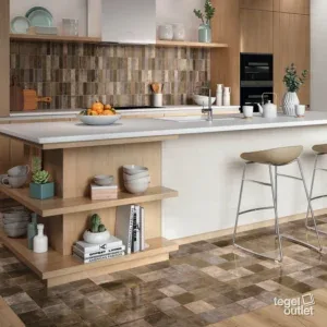 Ape Tennessee Brown 13,8×13,8 vloer en 5,2×16,1 wandtegels in een keuken