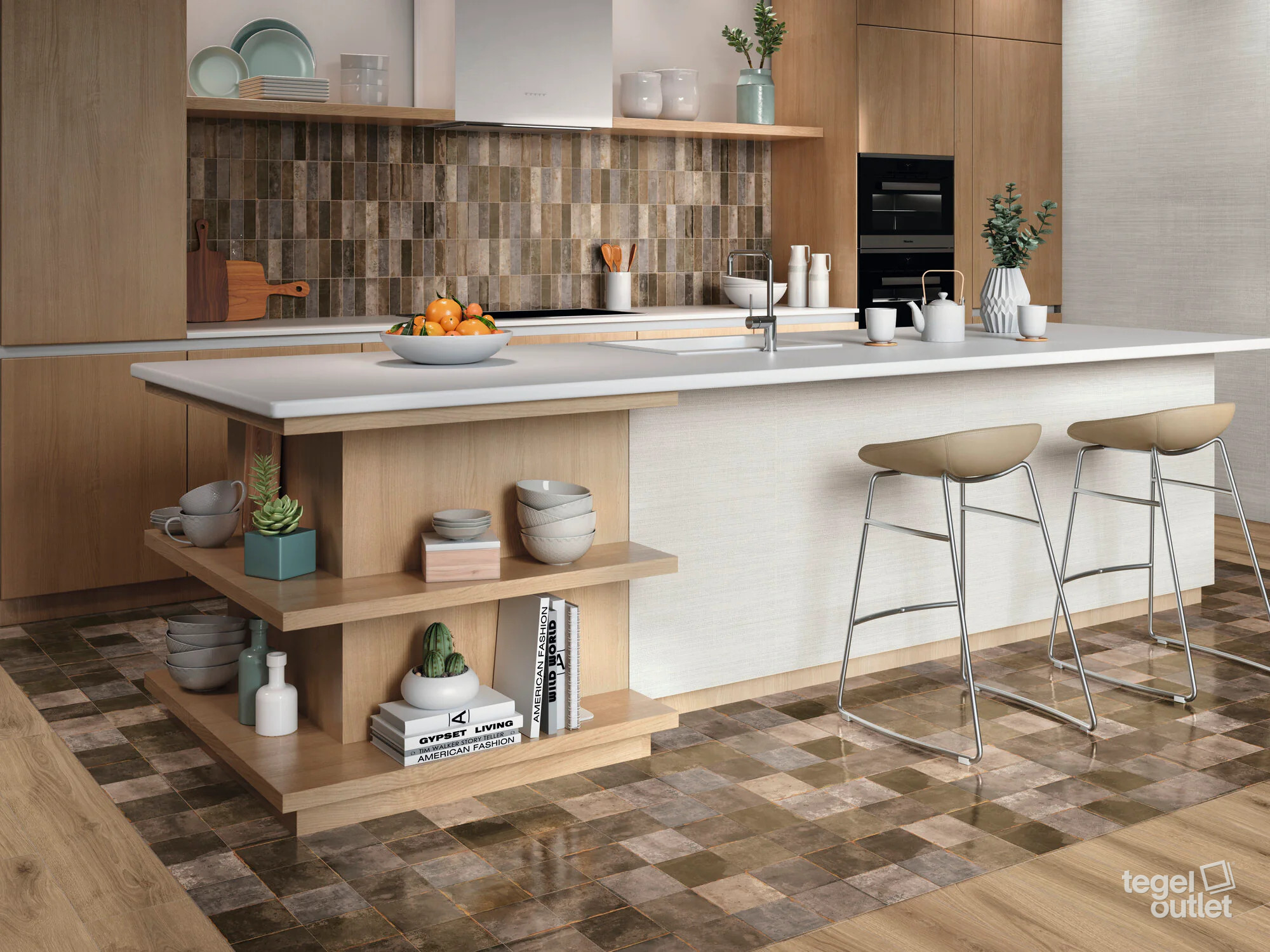Ape Tennessee Brown 13,8×13,8 vloer en 5,2×16,1 wandtegels in een keuken