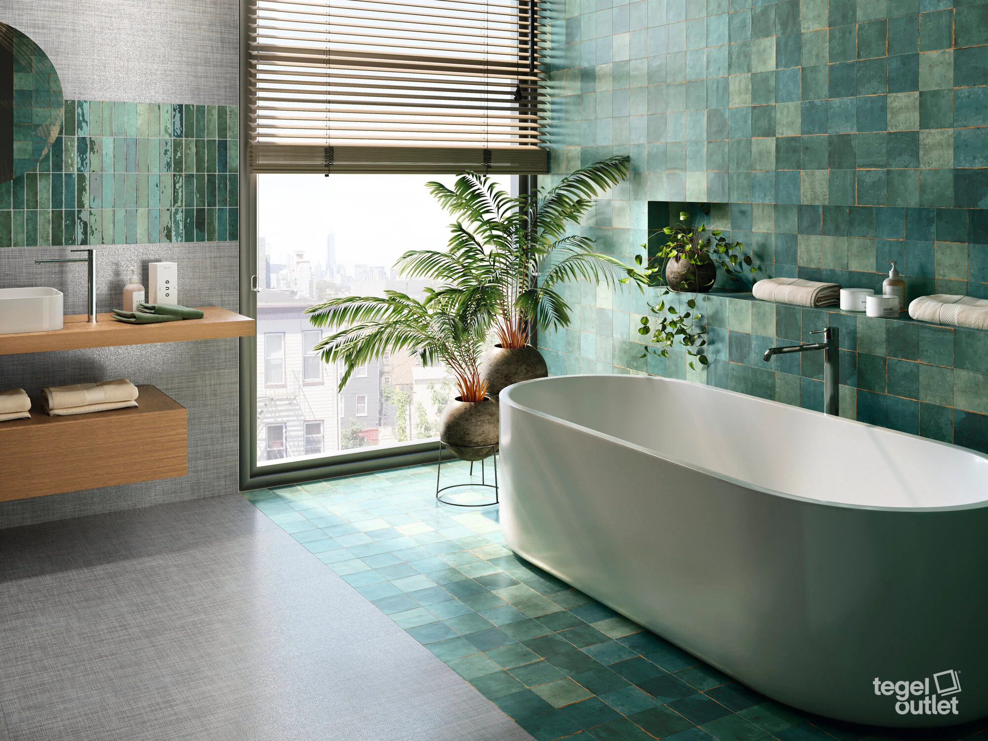 Ape Tennessee Green 13,8×13,8 en 5,2×16,1 tegels in een badkamer