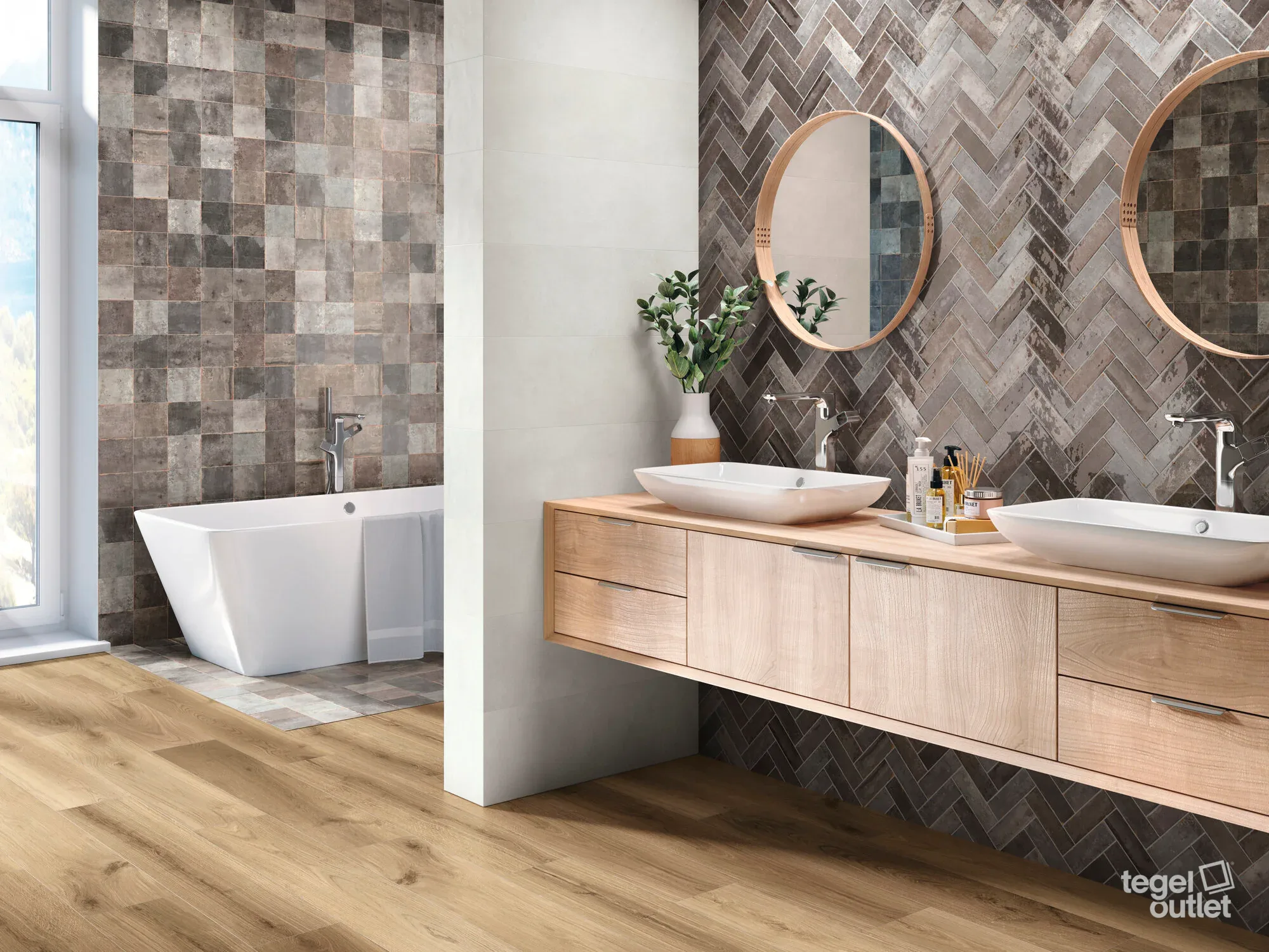 Ape Tennessee Grey 5,2×16,1 wandtegels in visgraatverband in een badkamer