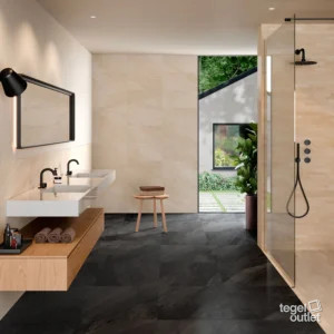 Titano Beige 30×60 en Antracite 60×60 – badkamer Saime Titano Beige wandtegels en Antracite vloertegels in een badkamer