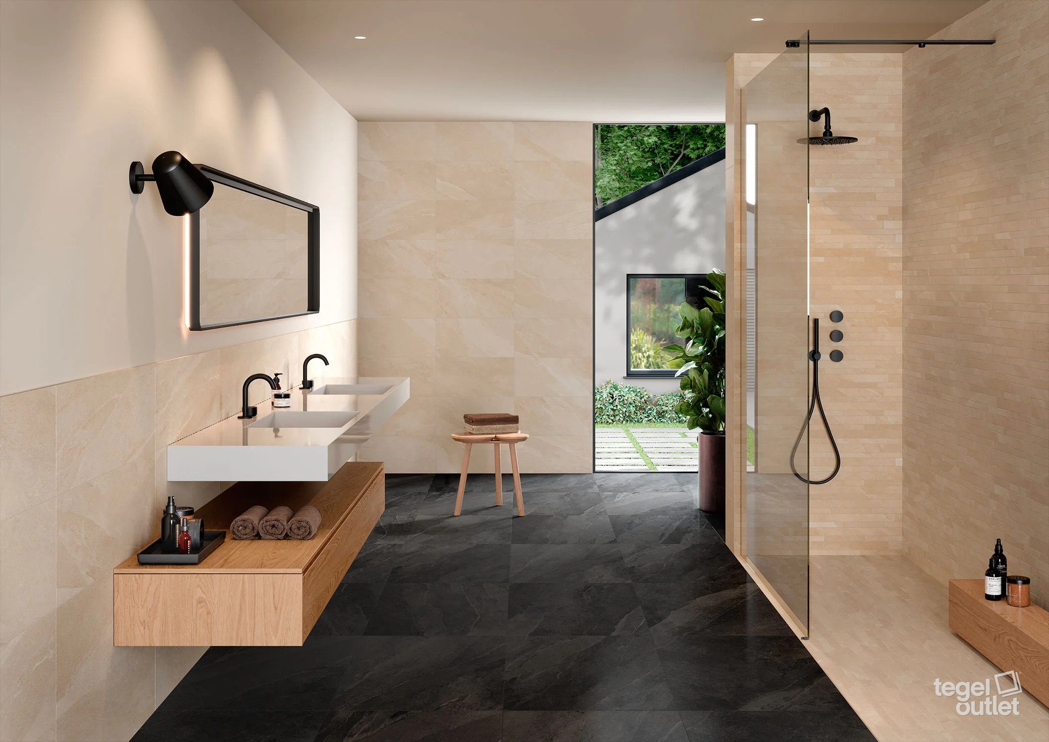 Saime Titano Beige wandtegels en Antracite vloertegels in een badkamer
