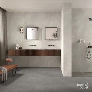 Saime Titano Bianco wandplaten en Grigio 120×120 vloertegels in een badkamer