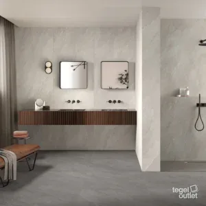 Saime Titano Bianco wandplaten en Grigio 120×120 vloertegels in een badkamer