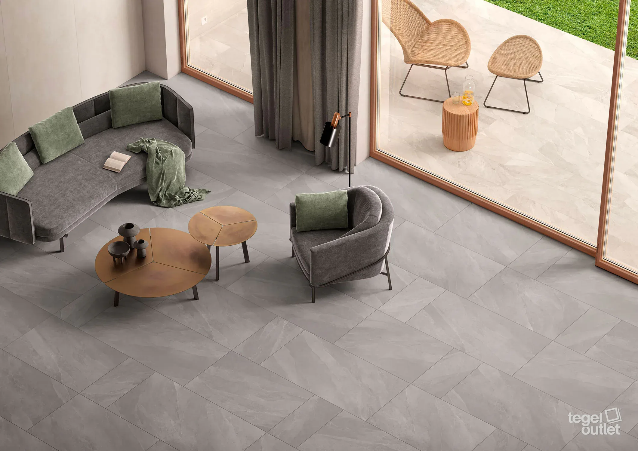 Saime Titano Cenere vloertegels en Bianco Grip 30×60 in een woonkamer