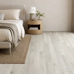 Sfeerbeeld (illustratie): slaapkamer met een vloer in houtlookplanken in licht beige-greige eiken