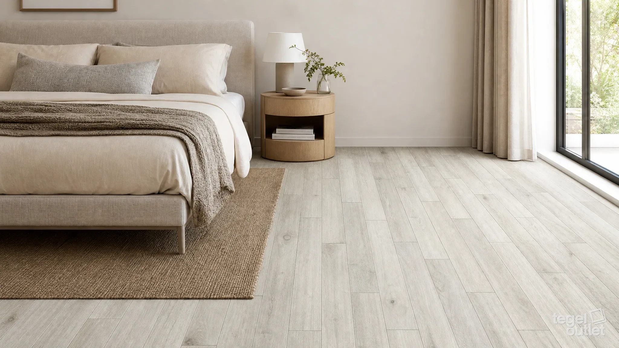 Sfeerbeeld (illustratie): slaapkamer met een vloer in houtlookplanken in licht beige-greige eiken