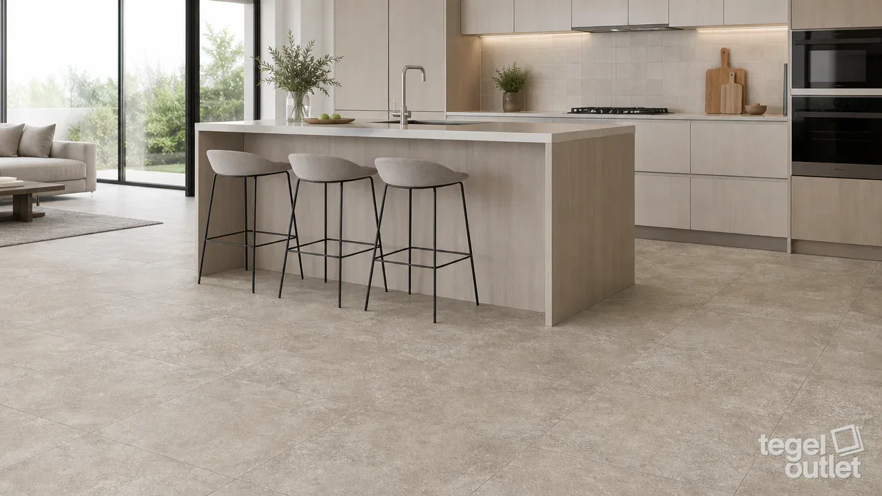 Sfeerbeeld (illustratie): woonruimte of badkamer met tegels in beige