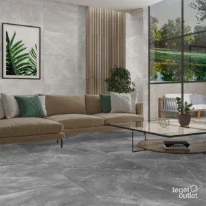 Vivalto Perla en Gris mat – woonkamer Ecoceramic Vivalto Perla wand en Gris vloer, matte marmerlook tegels in een woonkamer