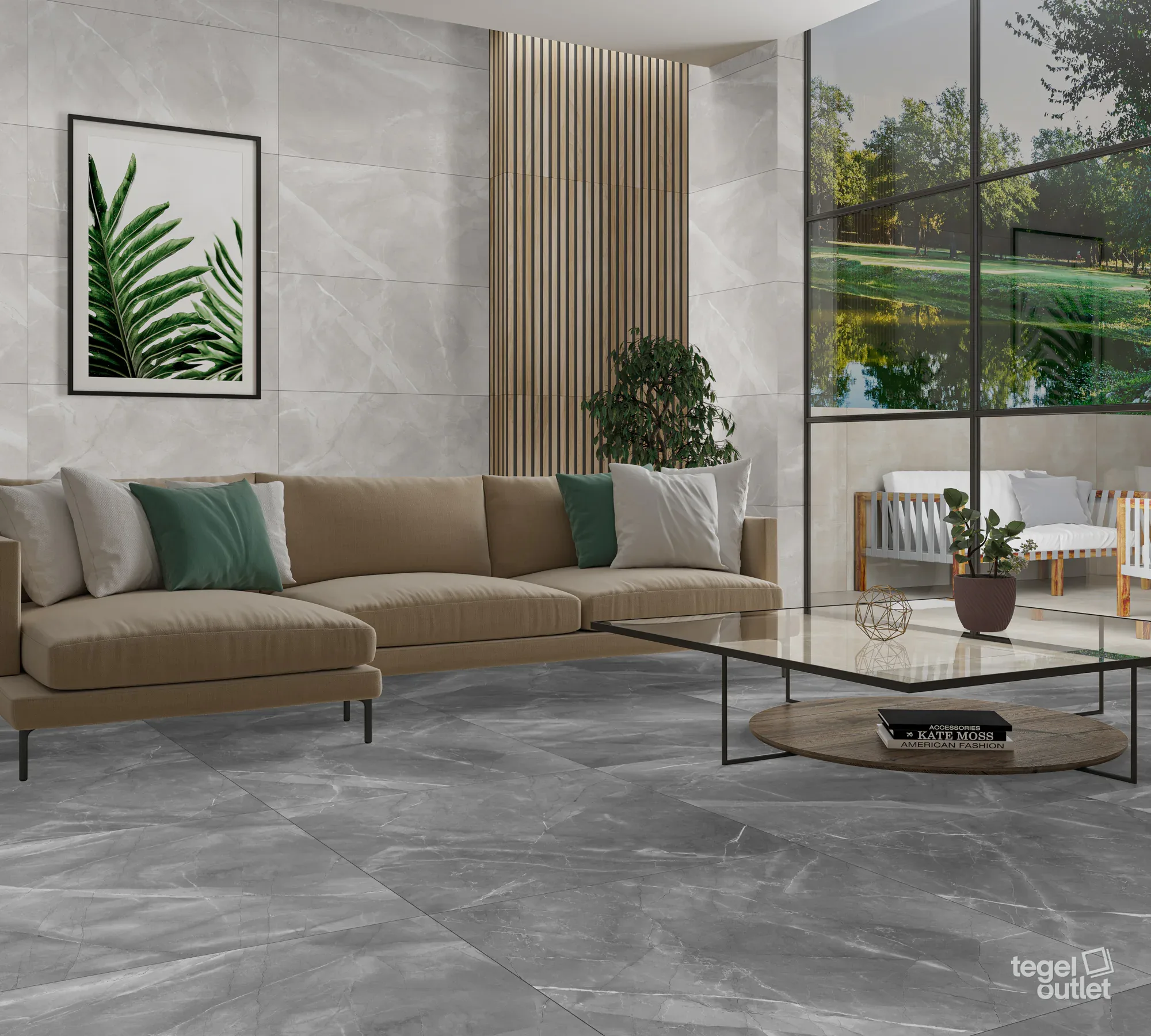 Ecoceramic Vivalto Perla wand en Gris vloer, matte marmerlook tegels in een woonkamer