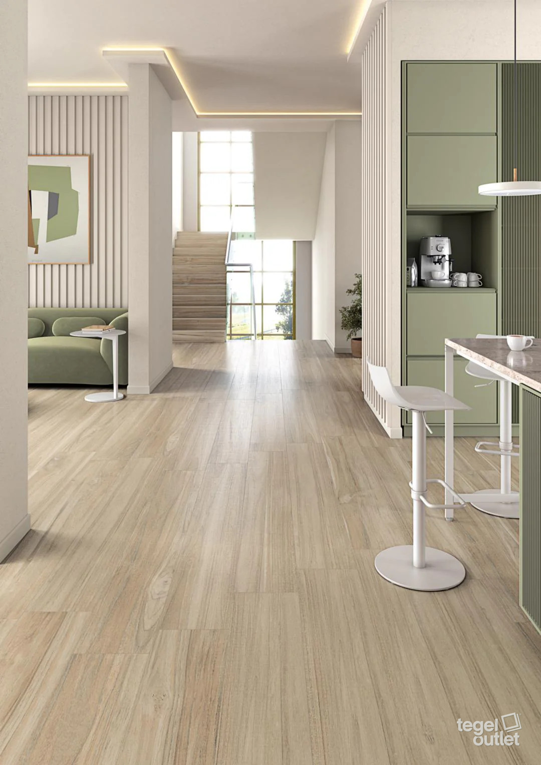 Vives Belice Natural 26×180 houtlook planken in een keuken