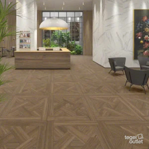 Belice Noce en Krabi Noce – publieke ruimte Vives Belice Noce 26×180 en parketpaneel Krabi Noce 120×120 in een publieke ruimte