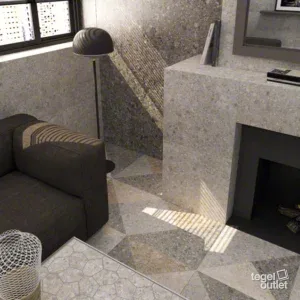 Ceppo di Gre – salon avec mosaïque Aymaras Sol Vives Ceppo di Gre Cemento avec mosaïque Aymaras Gris et décor Oriyas dans un salon