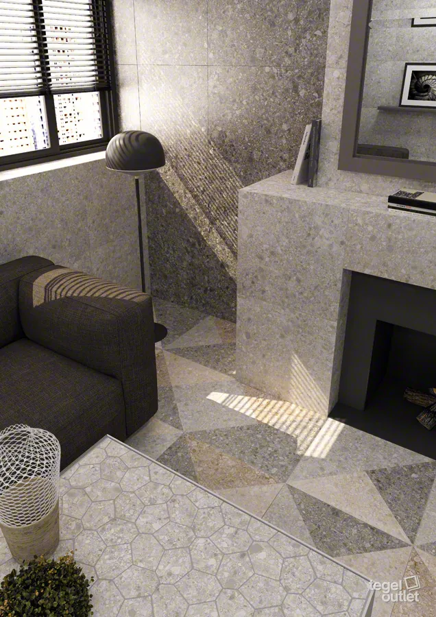 Sol Vives Ceppo di Gre Cemento avec mosaïque Aymaras Gris et décor Oriyas dans un salon
