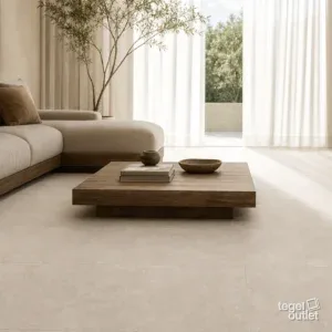 Sfeerbeeld (illustratie): woonruimte of badkamer met tegels in beige