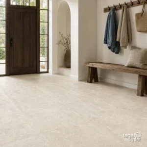 Sfeerbeeld (illustratie): woonruimte of badkamer met tegels in beige