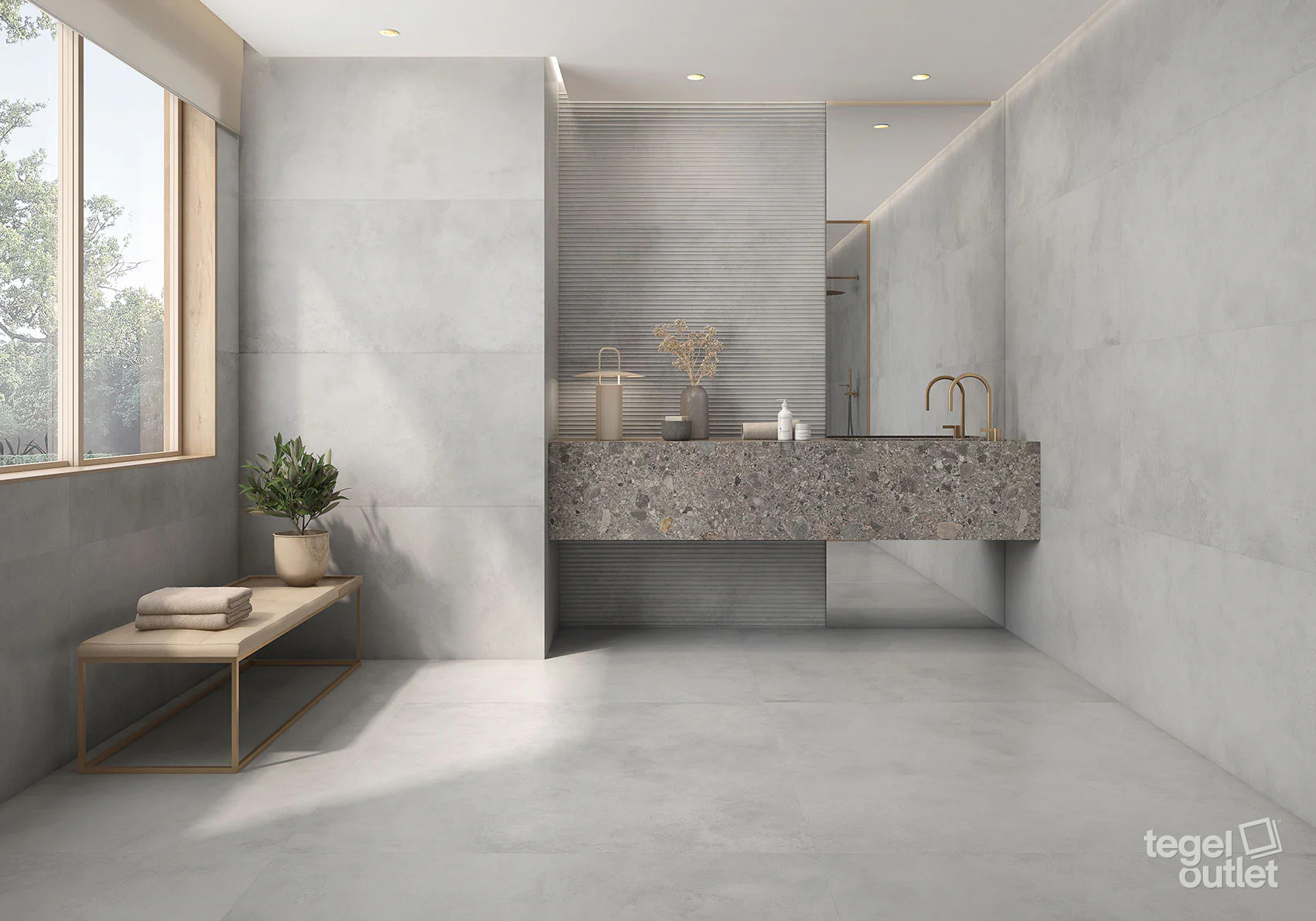 Navarti Ziro Blanco betonlook vloer- en wandtegels in een badkamer