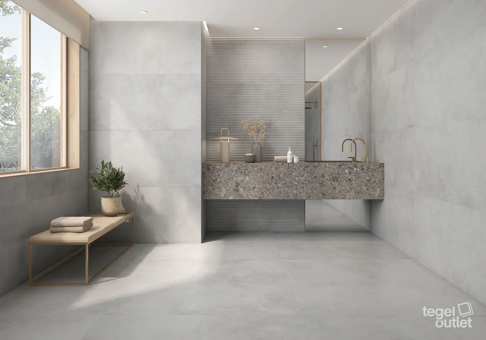 Navarti Ziro Blanco betonlook vloer- en wandtegels in een badkamer