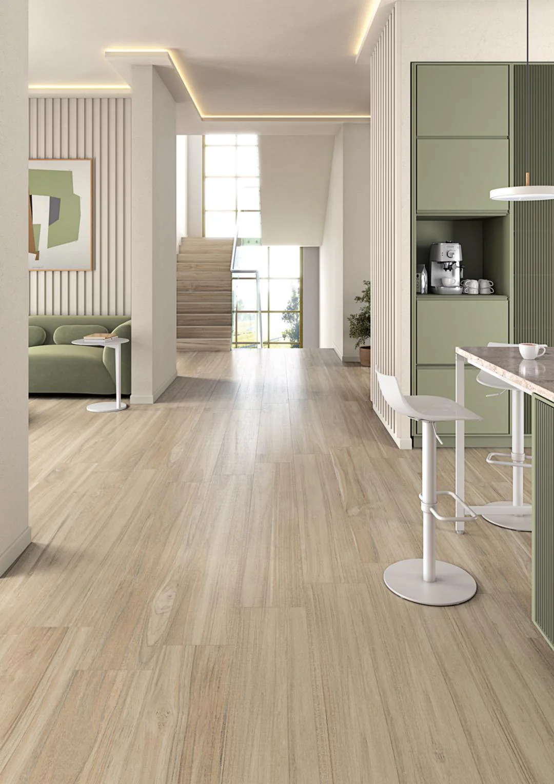 Vives Belice Natural 26×180 houtlook planken in een keuken