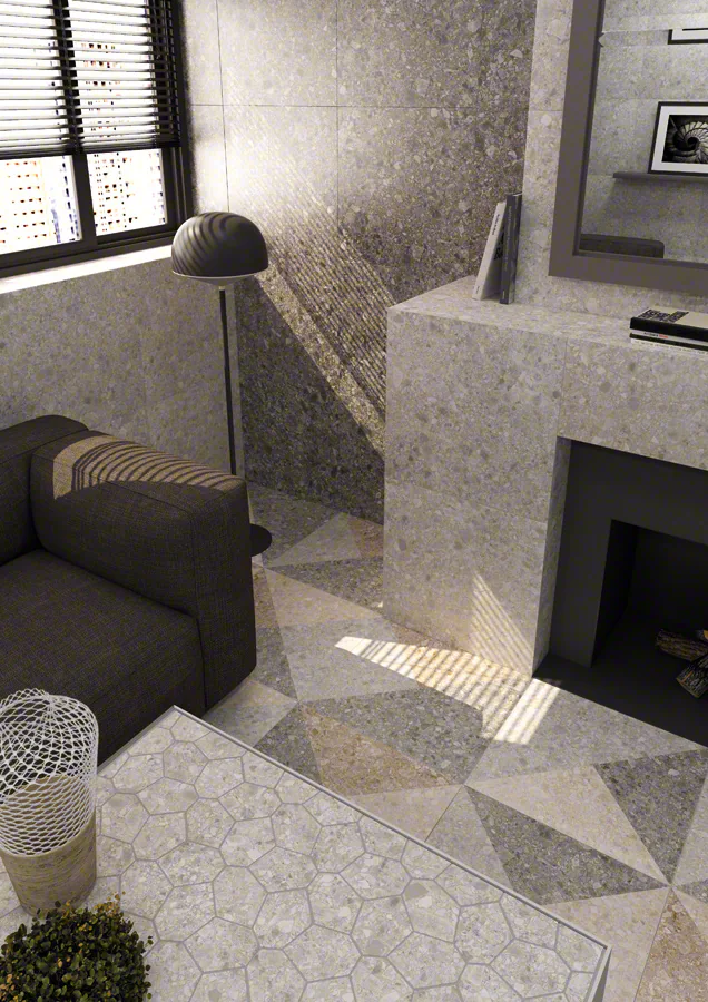 Vives Ceppo di Gre Cemento vloer met mozaïek Aymaras Gris en decor Oriyas in een woonkamer